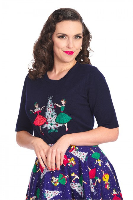 Banned Retro 50s Pinup Girls Navy Blue Christmas Tree Jumper
