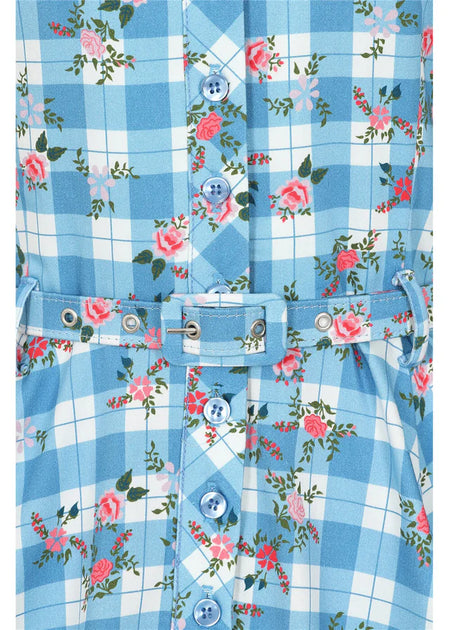 Collectif Caterina 40s Blue Gingham Garden Swing Dress  Cherry Red Vintage