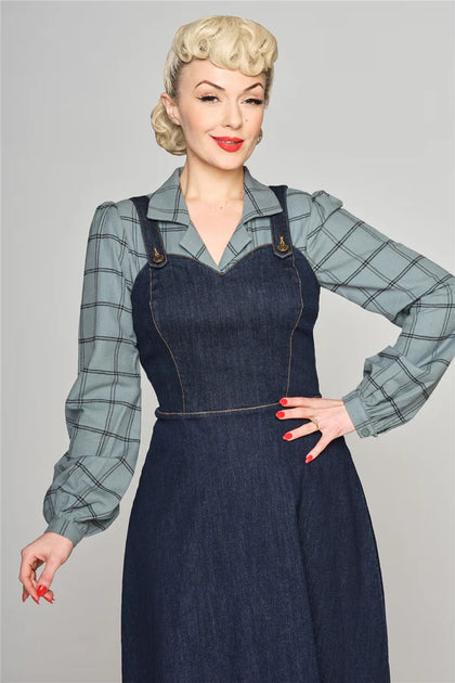 white christmas dresses Collectif Jupiter 50s Navy Blue Denim Pinafore Dress – Cherry Red Vintage