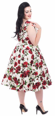 Hearts & Roses Ditsy Red Rose Ivory White Floral Dress - Cherry Red Vintage