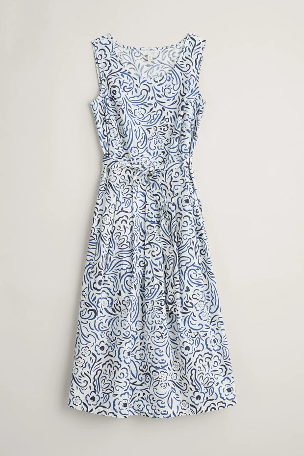 Seasalt Belle Blue Foliage Doodle Chalk Sleeveless Midi Dress