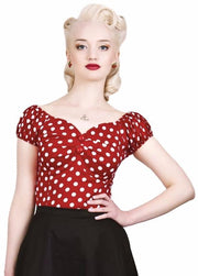 Collectif Dolores 50s Vintage Style Red and White Polka Dot Gypsy Top - Cherry Red Vintage