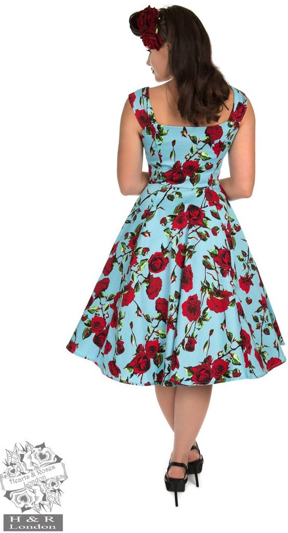 Hearts & Roses 50s Ditsy Red Rose Blue Floral Stretch Cotton Dress - Cherry Red Vintage