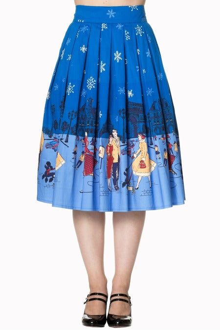 Banned 50s Retro Blue Paris Pinup Christmas Print Swing Skirt