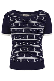 Banned Retro 40s 50S Nautical Anchor Navy Blue Jumper