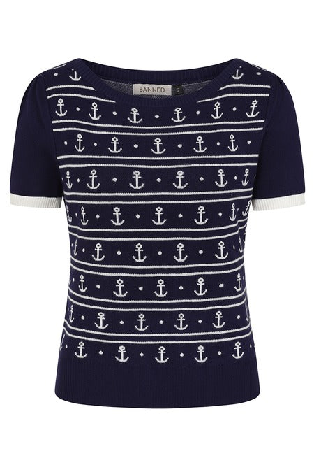 Banned Retro 40s 50S Nautical Anchor Navy Blue Jumper