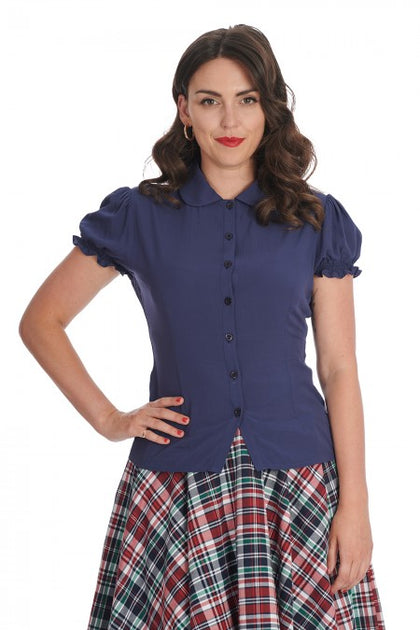 Banned Retro 40s Style Betsy Bloom Navy Blue Chiffon Blouse – Cherry ...