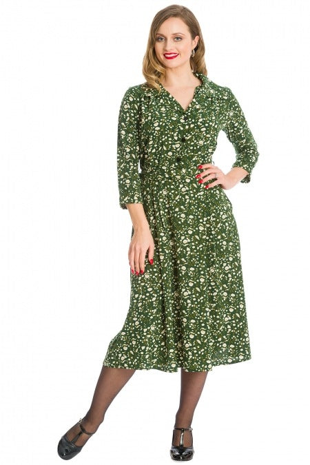 Banned Retro 40s Style Winter Blooms Green Floral Tea Dress