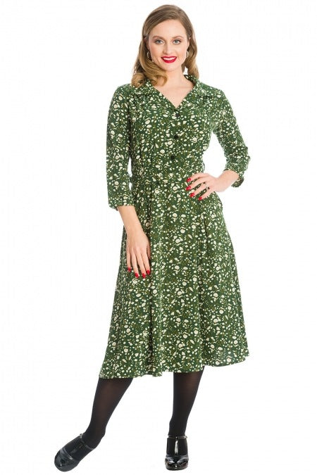Banned Retro 40s Style Winter Blooms Green Floral Tea Dress