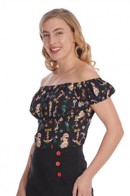 Banned Retro 50's 60s Anchor Pirate Girl Pin Up Black Gypsy Top