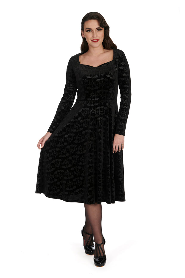 Banned Retro 50's Black Velvet Bat Halloween Print Swing Dress*