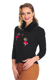 Banned Retro 50's Vintage Christmas Holiday with Faux Fur Detachable Collar Black Cardigan