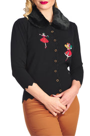Banned Retro 50's Vintage Christmas Holiday with Faux Fur Detachable Collar Black Cardigan