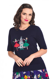 Banned Retro 50s Pinup Girls Navy Blue Christmas Tree Jumper