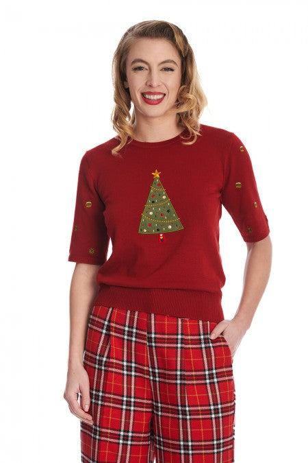 Banned Retro 50s Scandi Tree Holiday Cheer Red Christmas Jumper