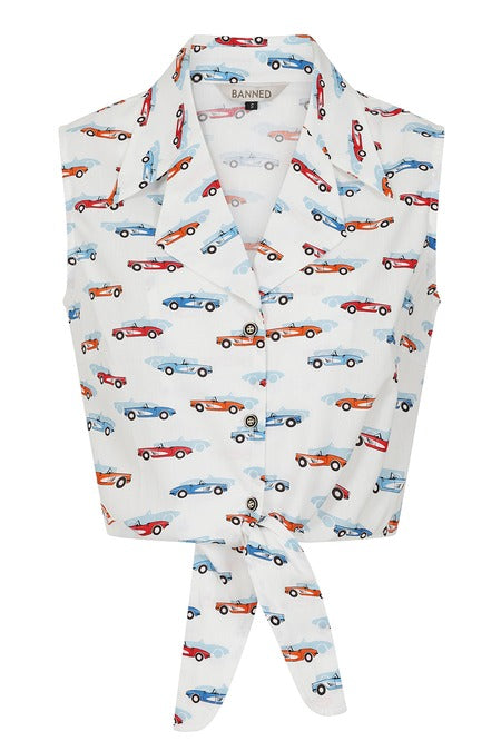 Banned Retro 50s Style White Sandy Retro Car Print Blouse