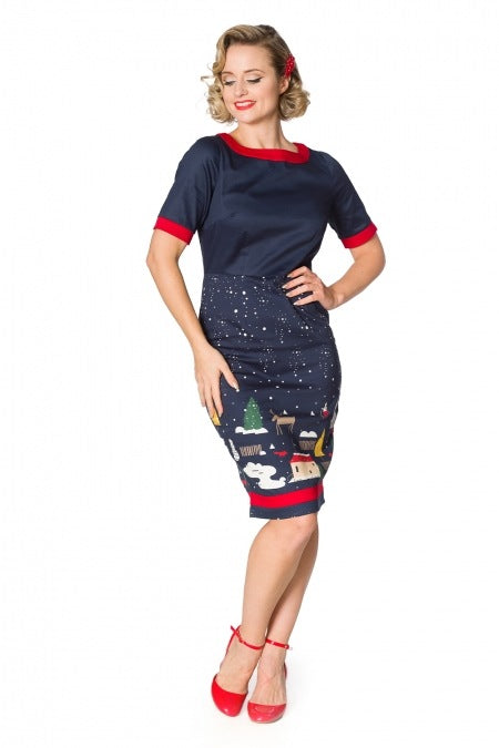 Banned Retro Christmas Town Print Navy Blue Pencil Dress