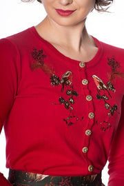 Banned Retro Embroidered Christmas Rockin Robin Red Cardigan