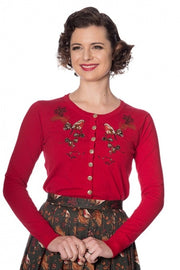 Banned Retro Embroidered Christmas Rockin Robin Red Cardigan