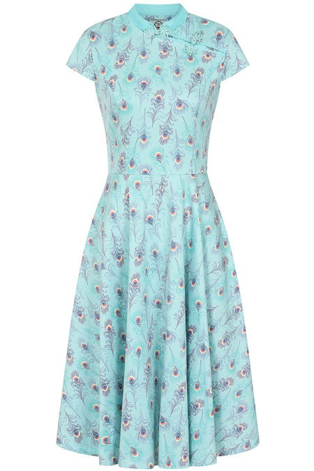 Banned Retro Light Blue Peacock Feather Print Dress