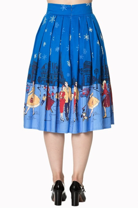 Banned 50s Retro Blue Paris Pinup Christmas Print Swing Skirt