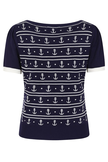 Banned Retro 40s 50S Nautical Anchor Navy Blue Jumper