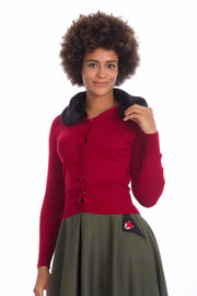 Banned Retro 50's Bow Dreaming Faux Fur Detachable Collar Burgundy Red Cardigan