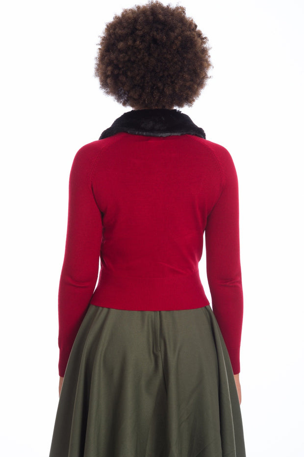 Banned Retro 50's Bow Dreaming Faux Fur Detachable Collar Burgundy Red Cardigan