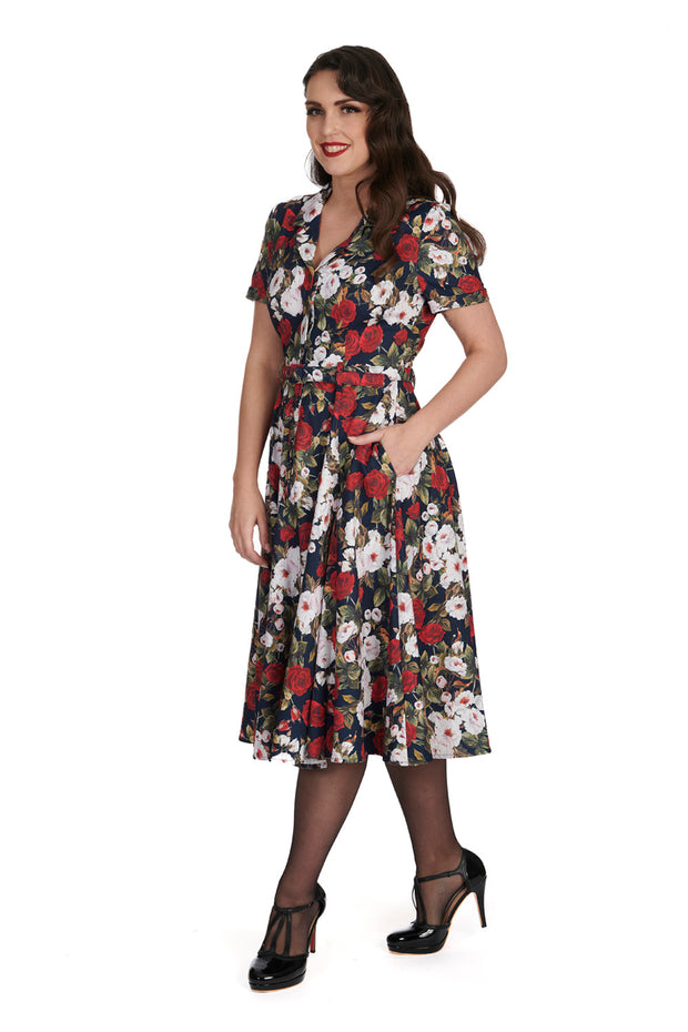 Banned Retro 40's 50's Dark Rose Floral Print Swing Dress*