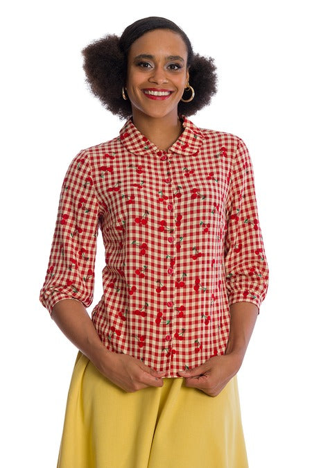 Banned Retro 40s Style Red Cherry Amore Gingham Blouse