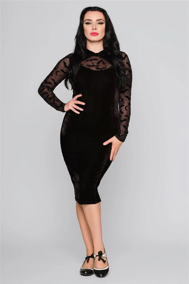 Collectif 40s 50s 60s Rooey Black Bat Halloween Evening Pencil Dress