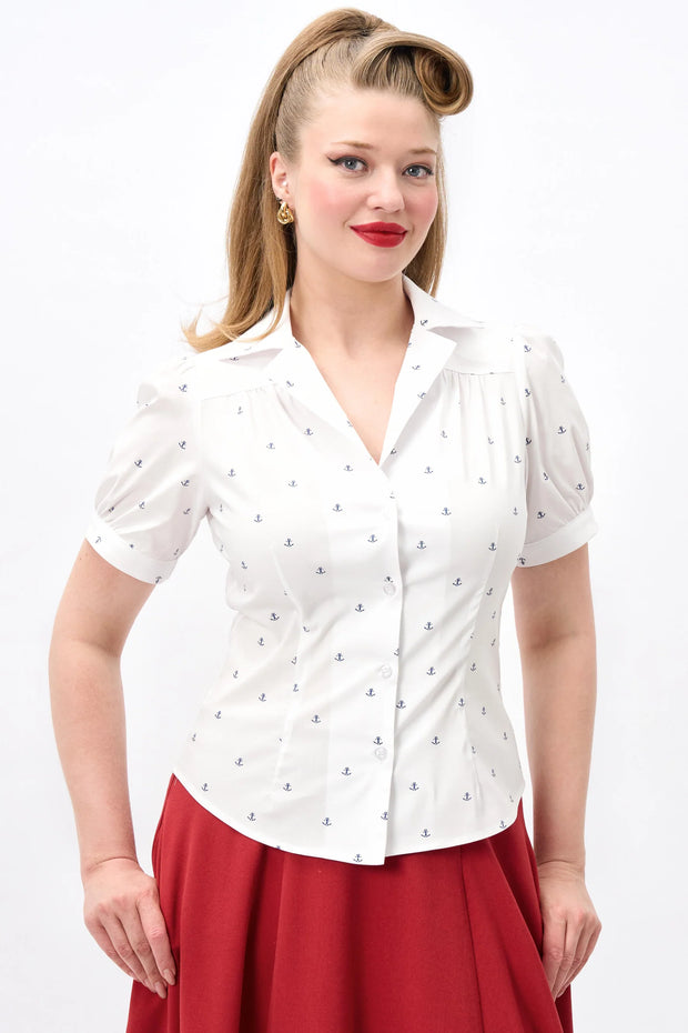 Collectif 40s Style Luana Ivory Nautical Anchor Print Chiffon Blouse