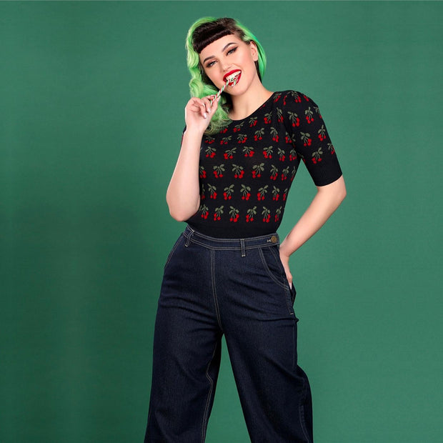 Collectif 50s Navy Blue Cherry Jumper