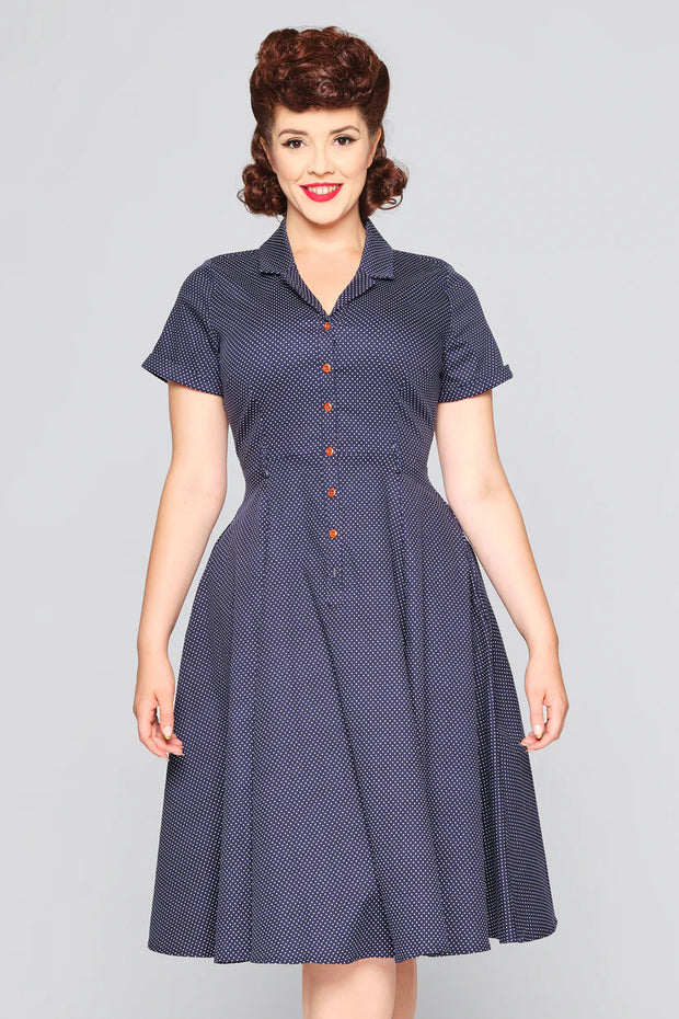 Collectif Caterina 40s 50s Navy Blue Mini Polka Dress