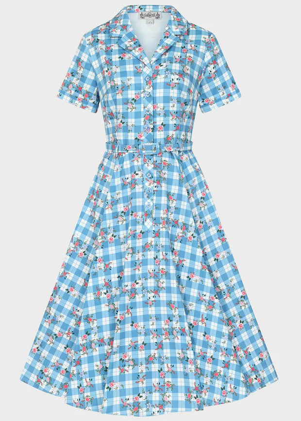 Collectif Caterina 40s Blue Gingham Garden Swing Dress Cherry Red Vintage Collectif Caterina 40s Blue Gingham Garden Swing Dress Cherry Red Vintage