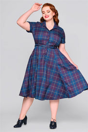 Collectif Caterina 40s Blue Purple Mermaid Check Swing Dress