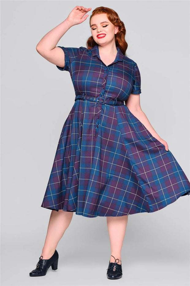 Collectif Caterina 40s Blue Purple Mermaid Check Swing Dress