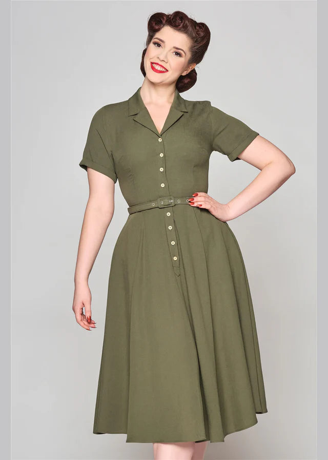Collectif Caterina 40s Olive Green Swing Dress – Cherry Red Vintage