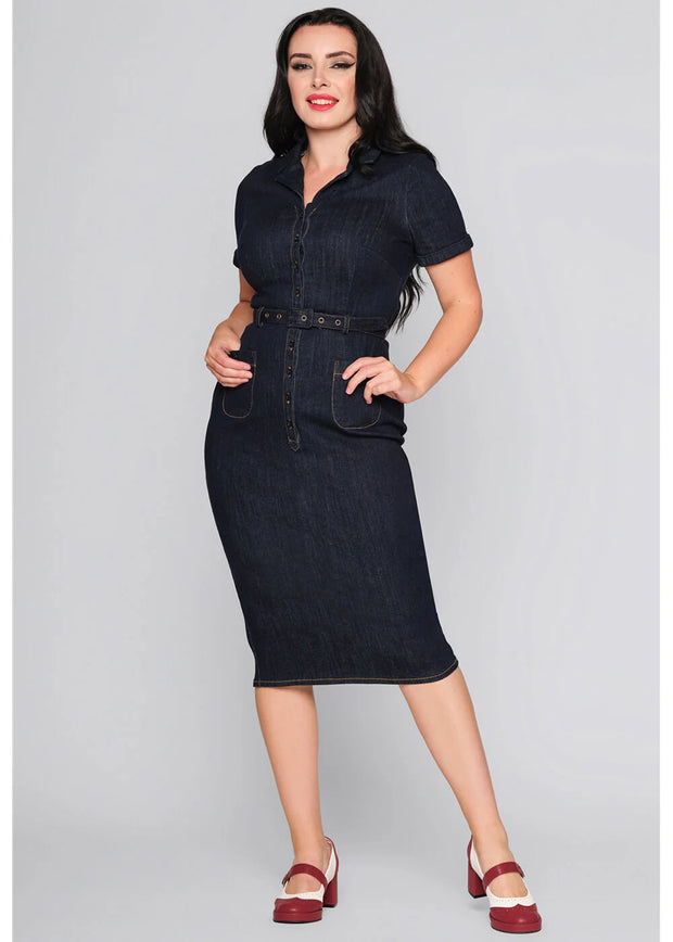 Collectif Caterina Navy Blue Denim Pencil Dress