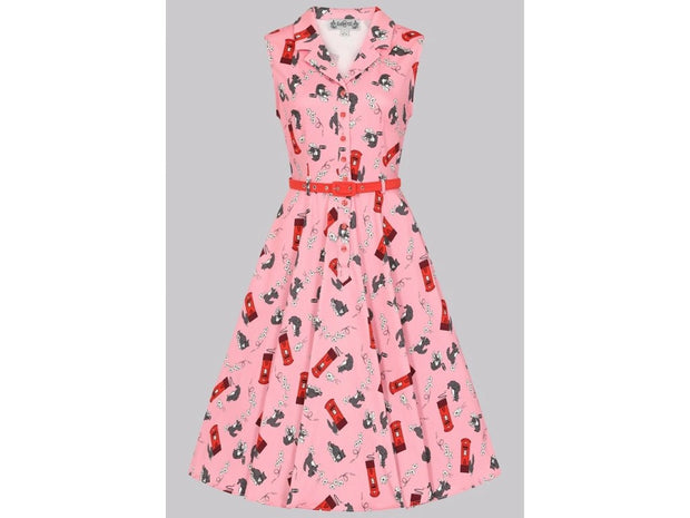 Collectif Caterina Postie the Cat Pink Flared Dress