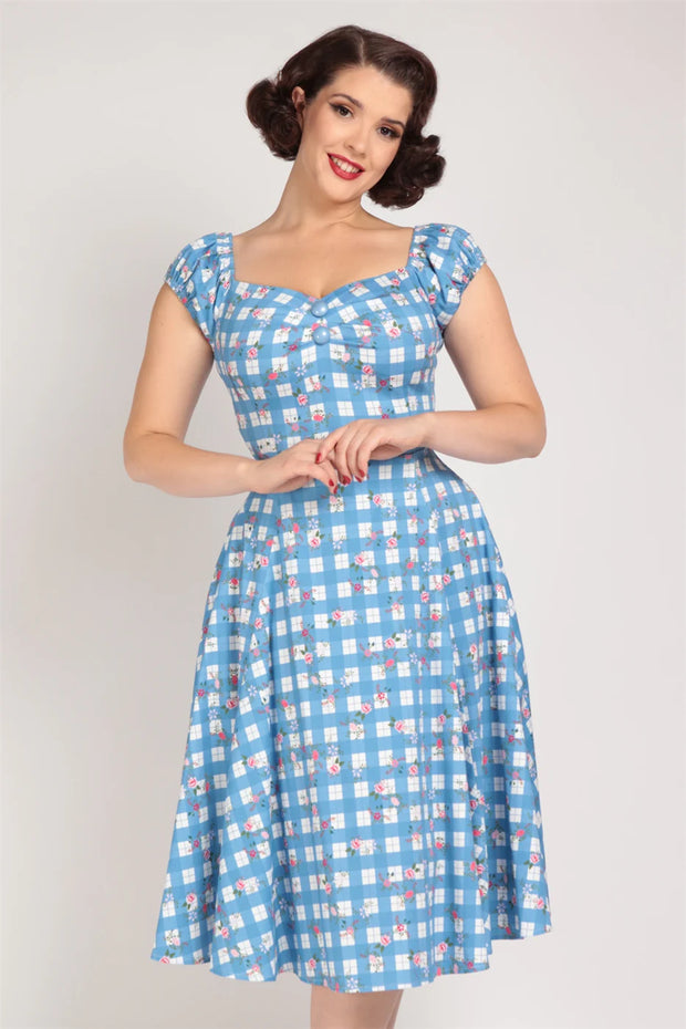 Collectif Dolores 50s Blue Gingham Garden Doll Dress