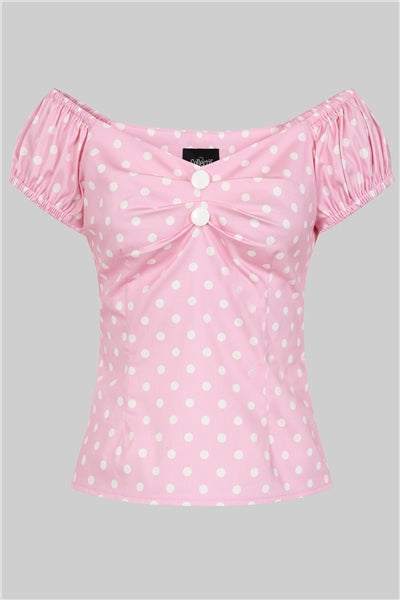 Collectif Dolores 50s Pink and White Polka Dot Top