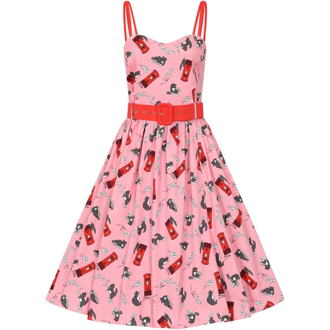 Collectif 50s Jade Postie the Cat Pink Flared Dress – Cherry Red Vintage