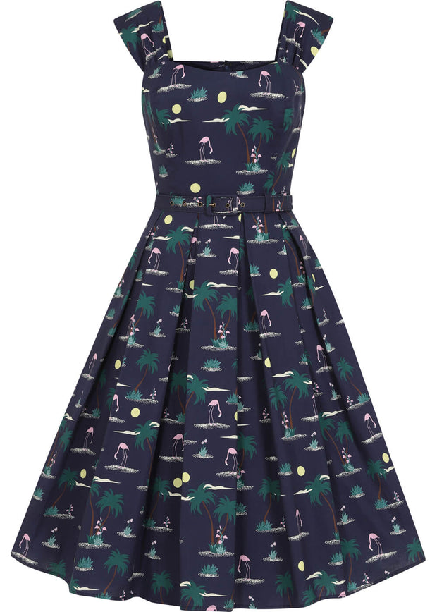 Collectif Jill 50s Navy Blue Flamingo Palm Tree Dress