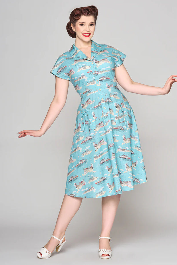 Collectif Liza 40s 50s Blue Brighton Postcard Swing Dress