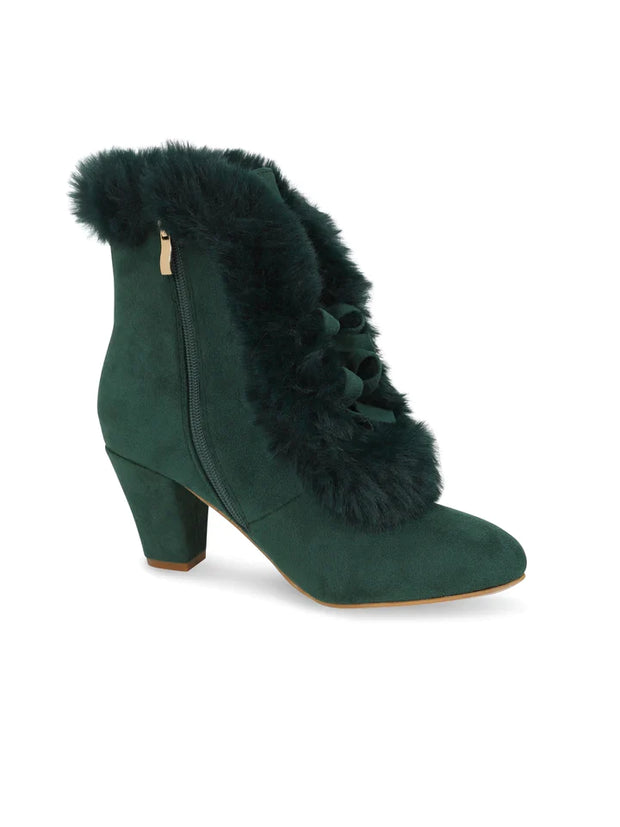 Collectif Lulu Hun 40s Style Tatiana Green Faux Fur Ankle Boots
