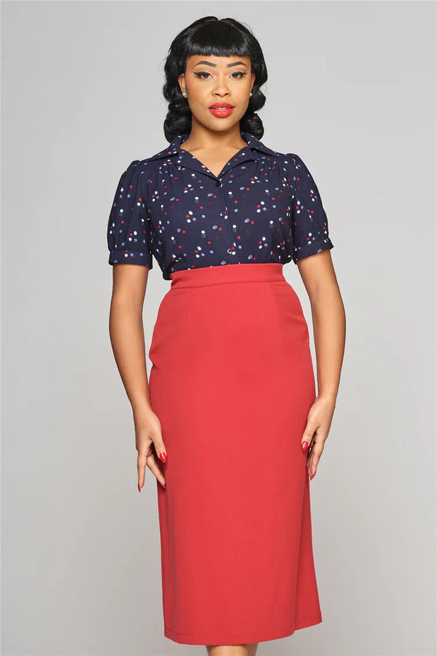 Collectif 40s Style Luana Chalk Navy Blue Polka Chiffon Blouse