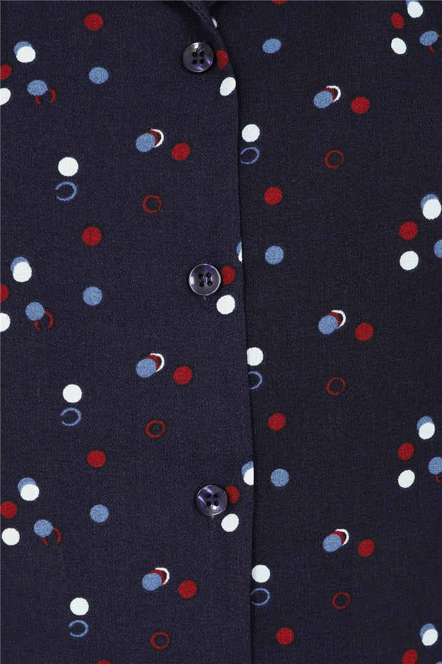 Collectif 40s Style Luana Chalk Navy Blue Polka Chiffon Blouse