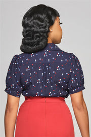 Collectif 40s Style Luana Chalk Navy Blue Polka Chiffon Blouse