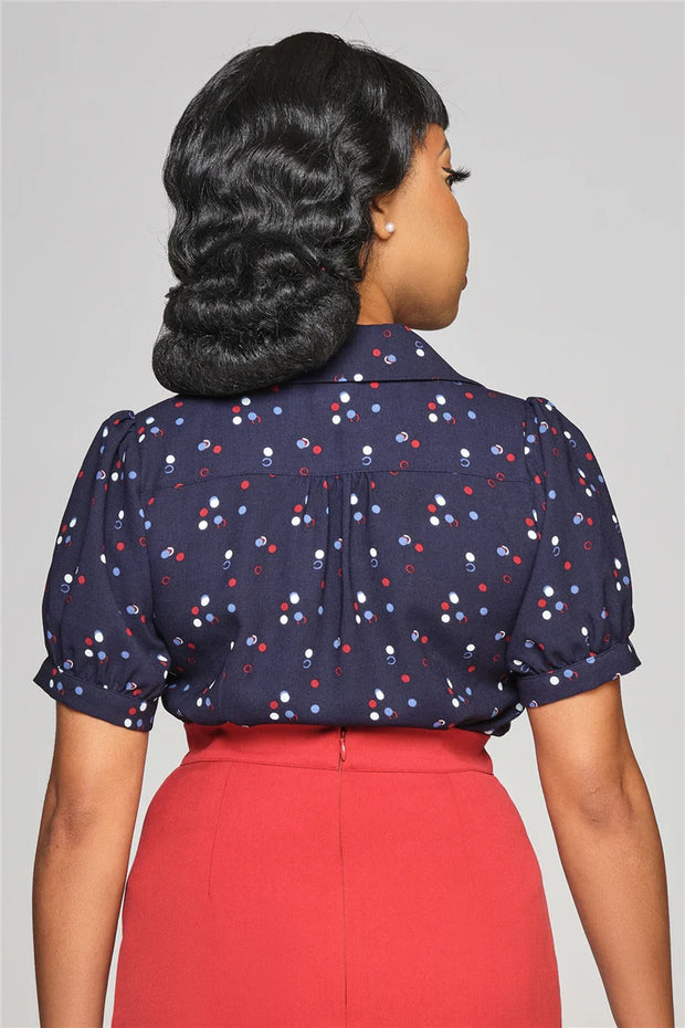 Collectif 40s Style Luana Chalk Navy Blue Polka Chiffon Blouse